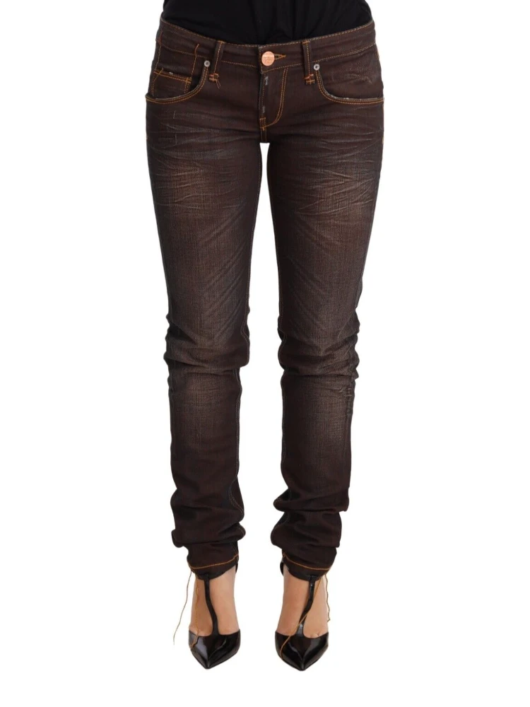 Brown Washed Cotton Slim Fit Denim Low Waist Trouser Jeans