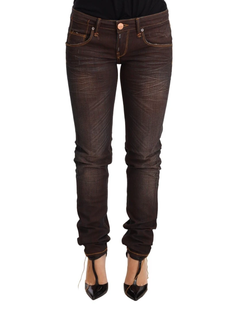 Brown Washed Cotton Slim Fit Denim Low Waist Trouser Jeans