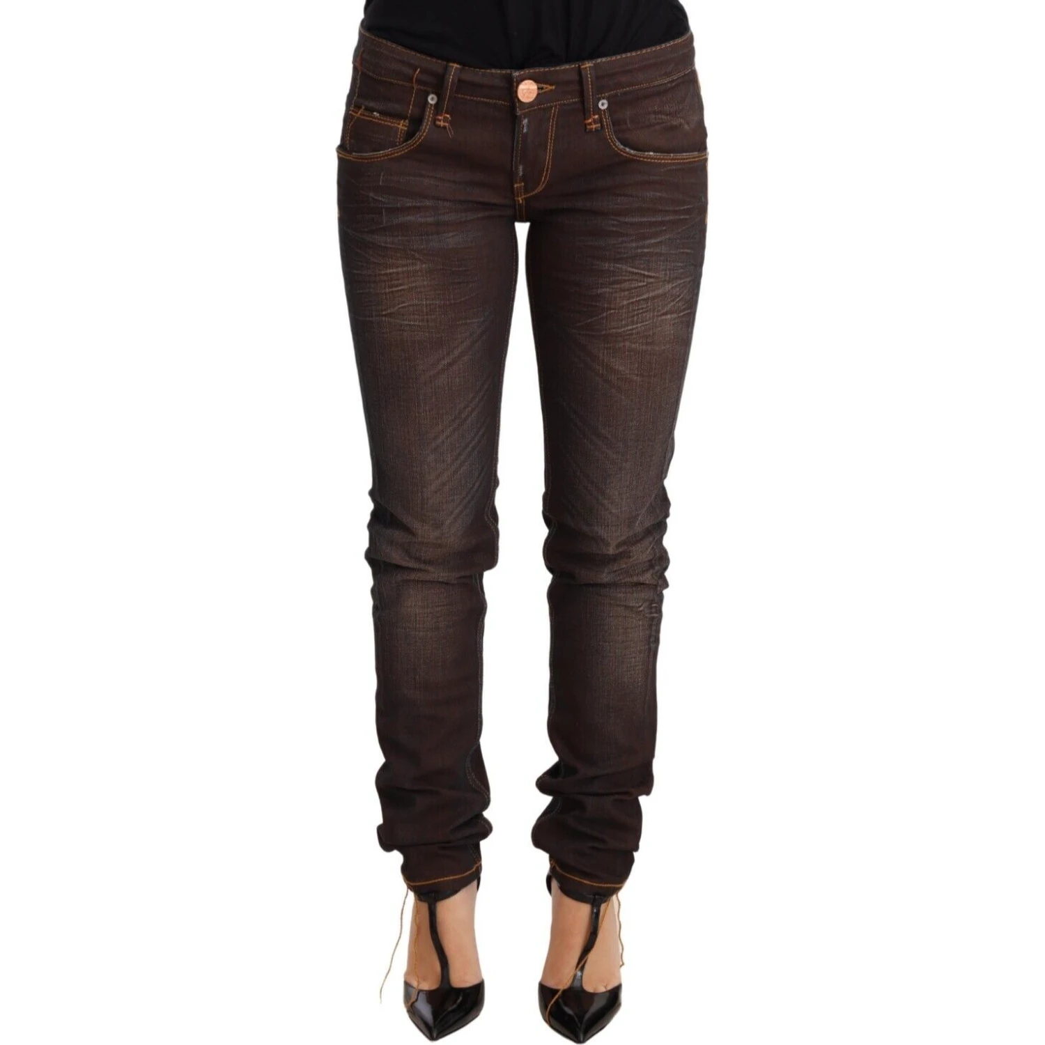 Brown Washed Cotton Slim Fit Denim Low Waist Trouser Jeans