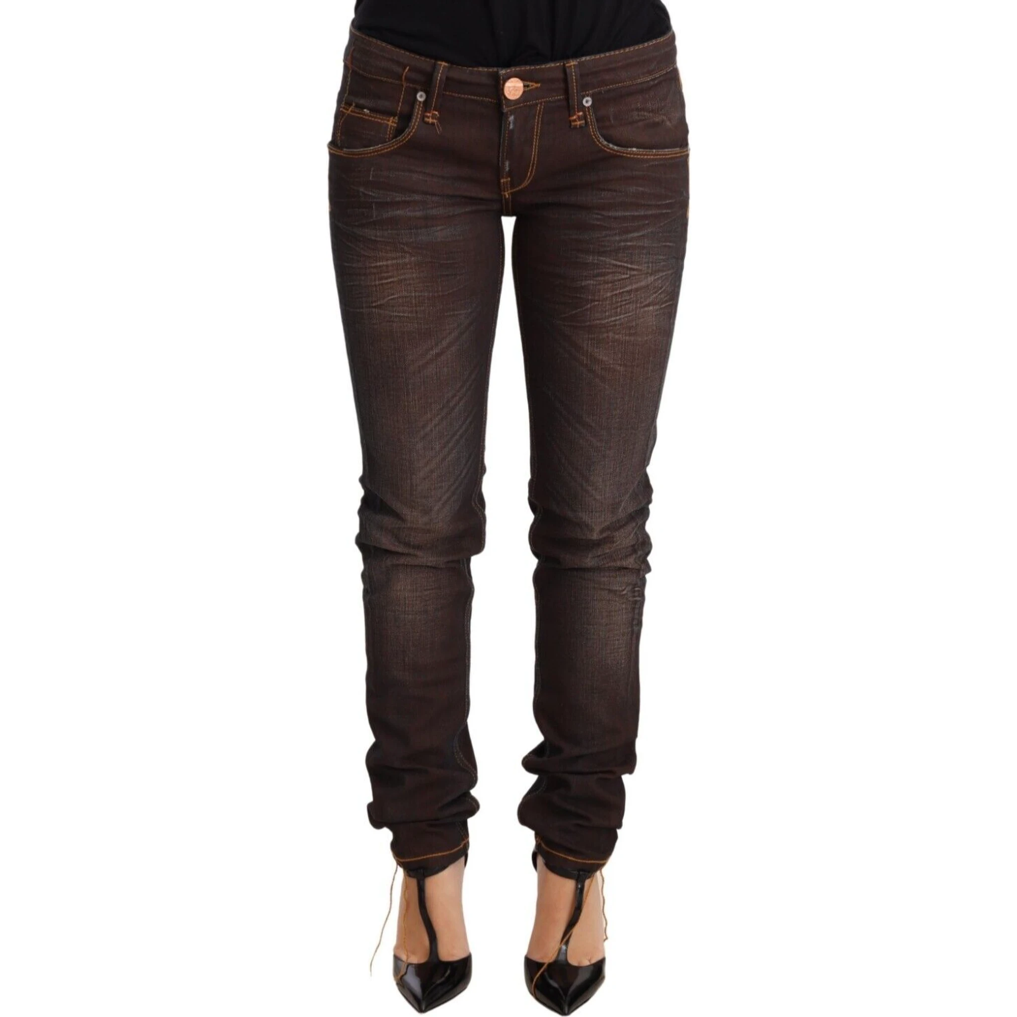 Brown Washed Cotton Slim Fit Denim Low Waist Trouser Jeans