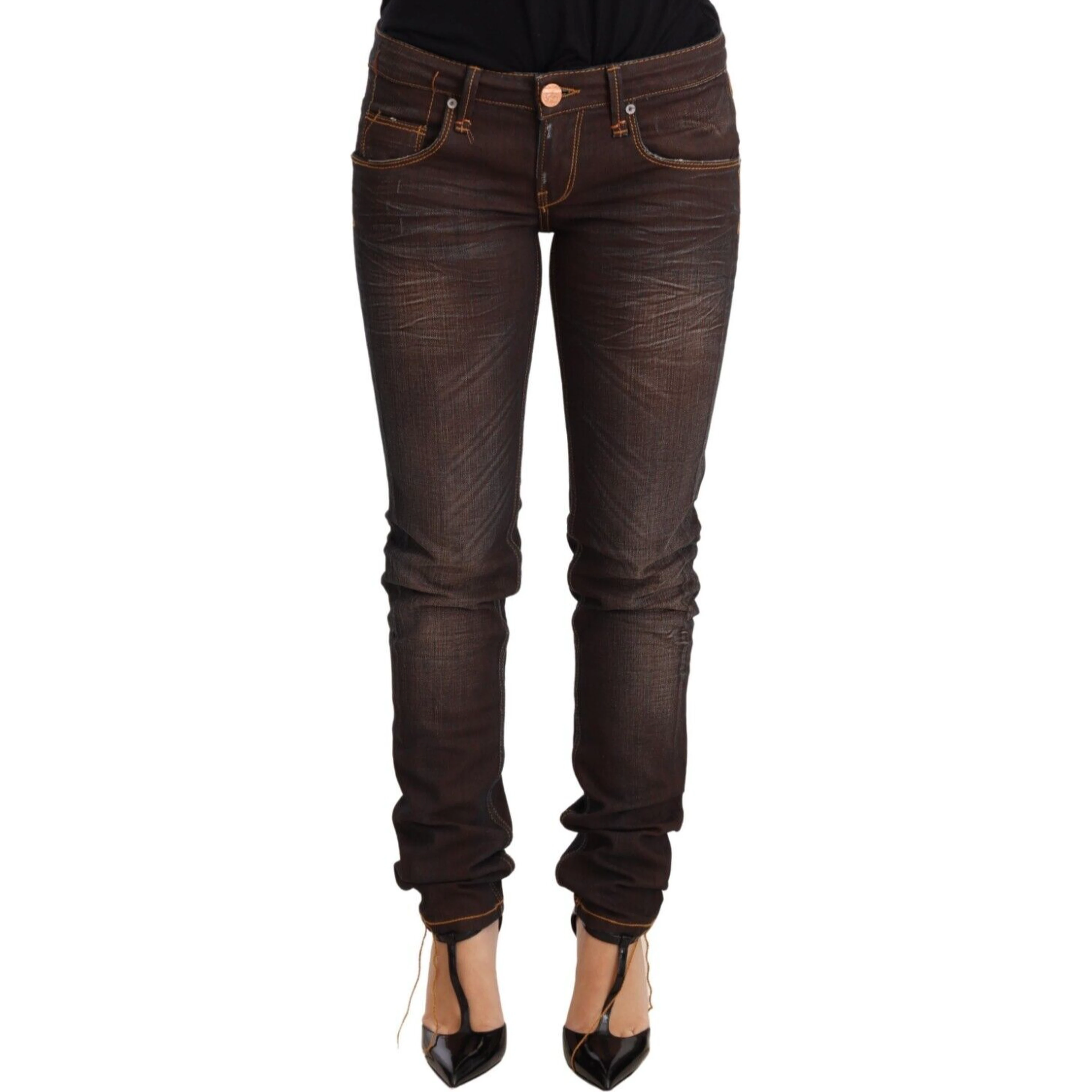 Brown Washed Cotton Slim Fit Denim Low Waist Trouser Jeans
