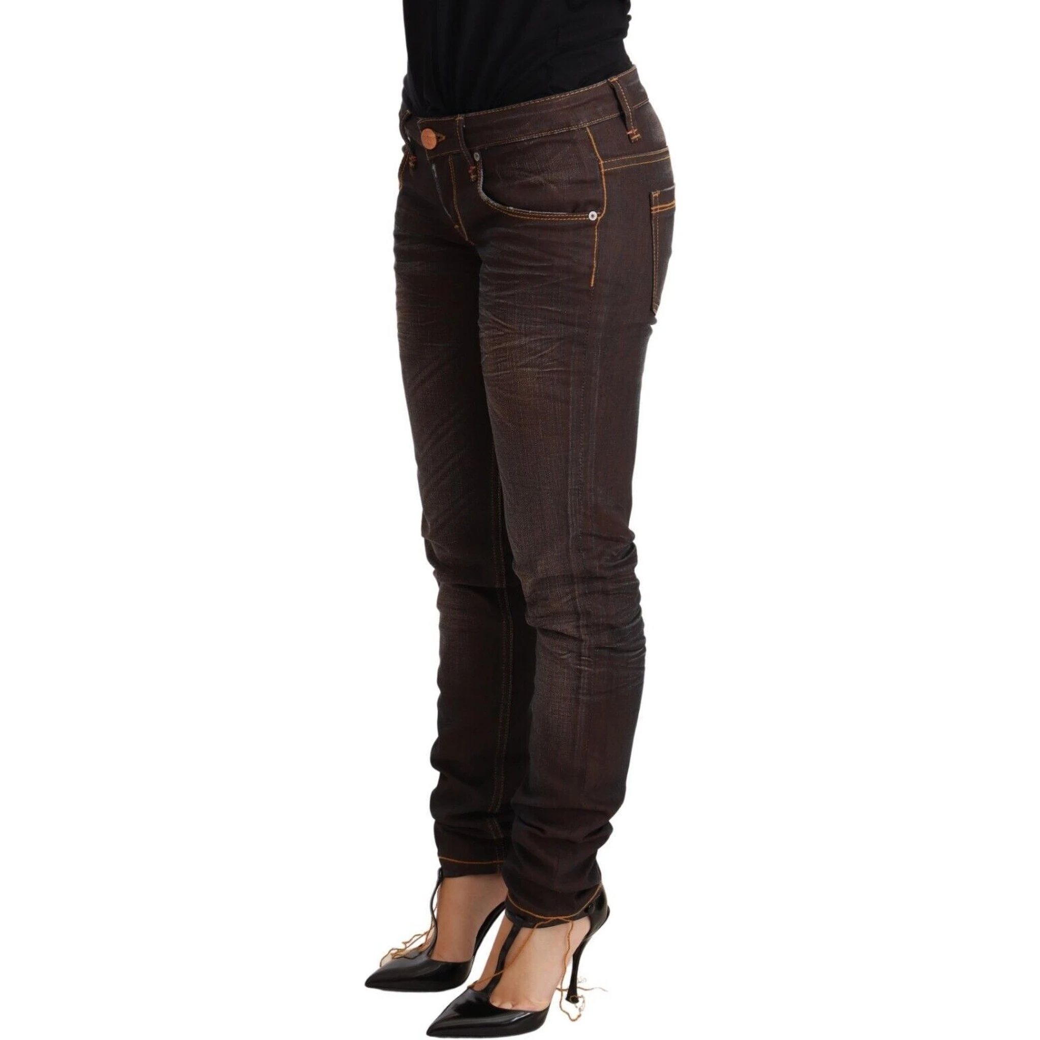 Brown Washed Cotton Slim Fit Denim Low Waist Trouser Jeans