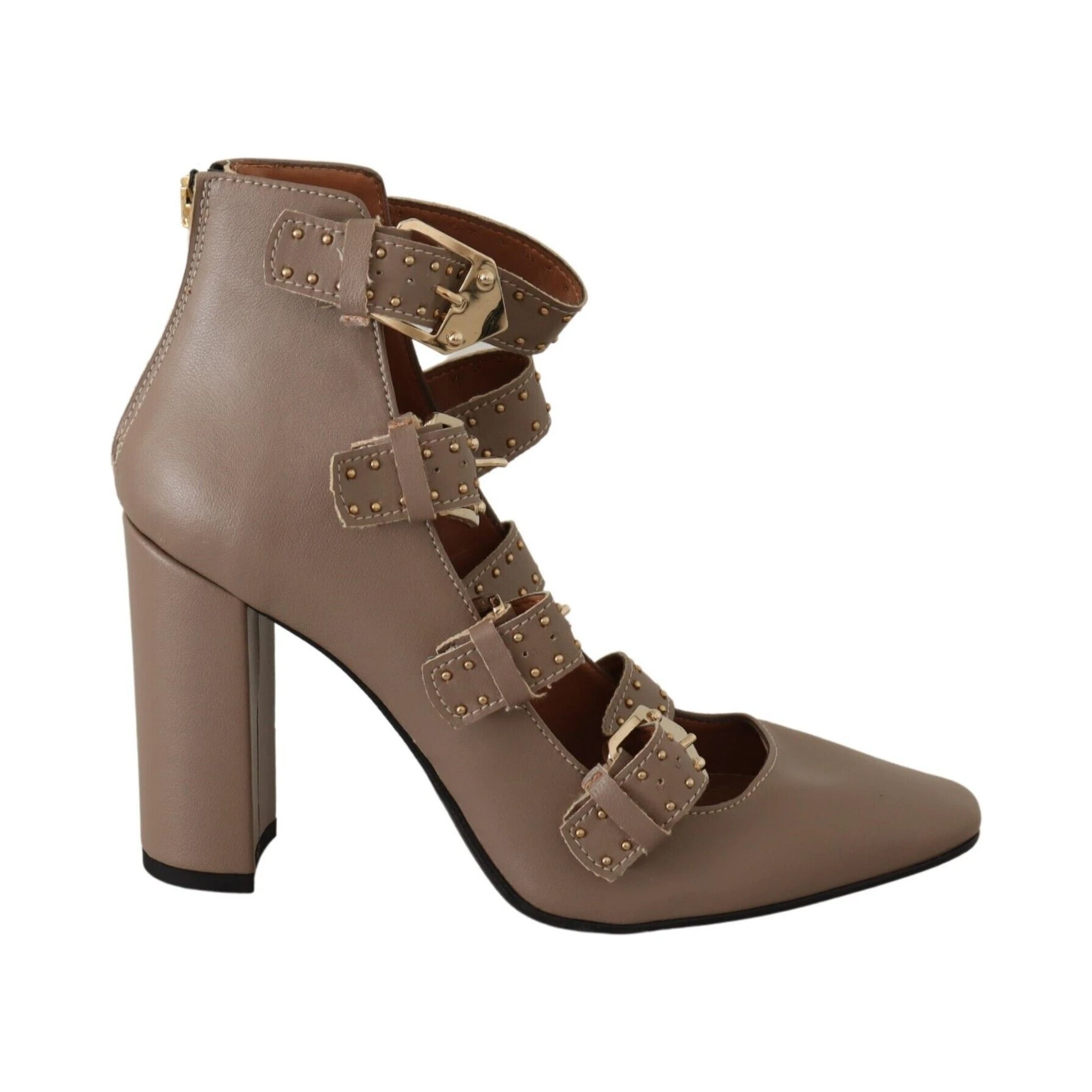 Brown Leather Block Heels Multi Buckle Pumps Shoes