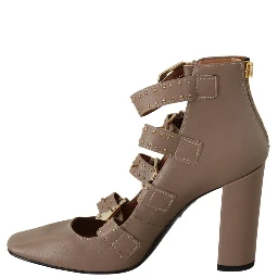 Brown Leather Block Heels Multi Buckle Pumps Shoes