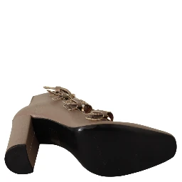 Brown Leather Block Heels Multi Buckle Pumps Shoes