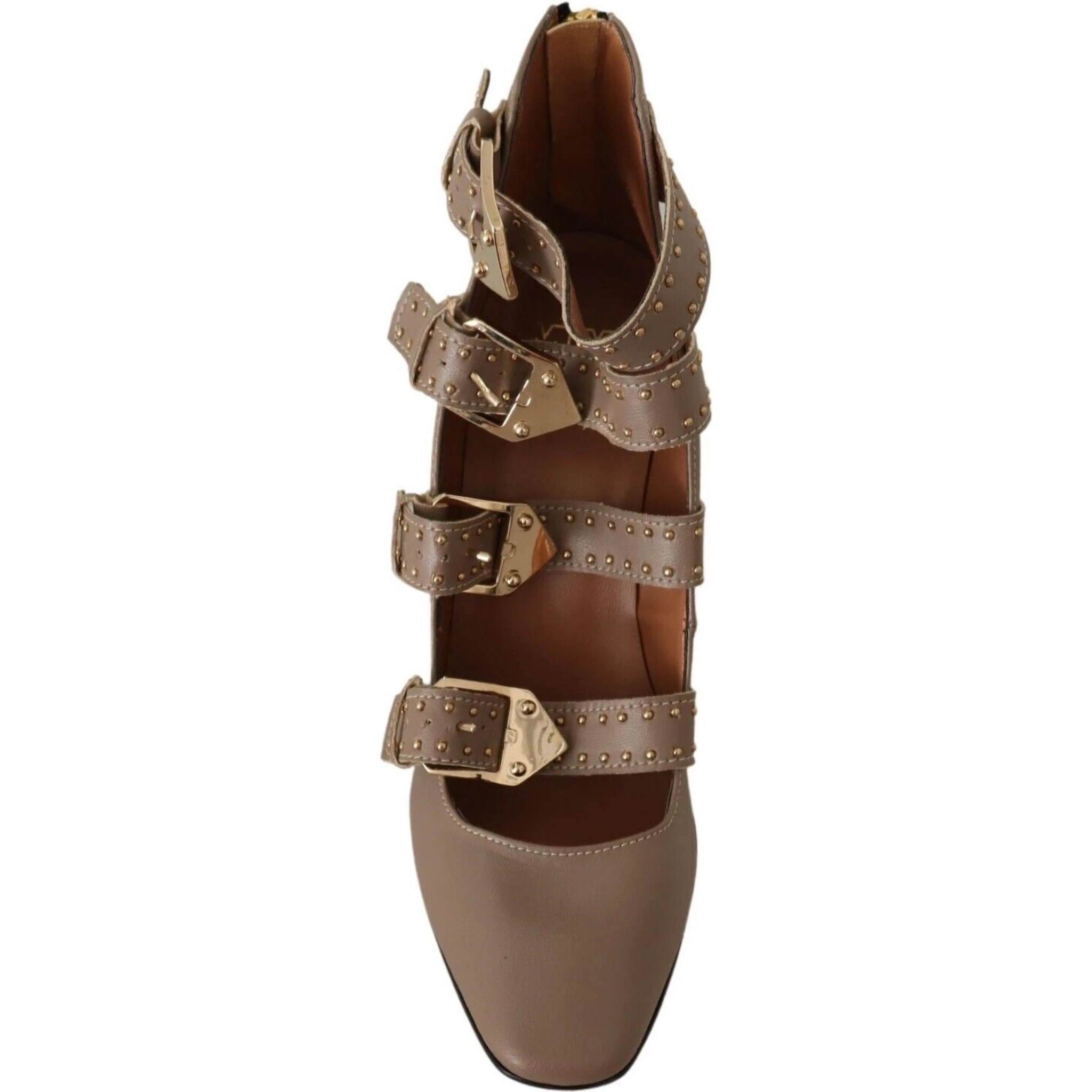 Brown Leather Block Heels Multi Buckle Pumps Shoes