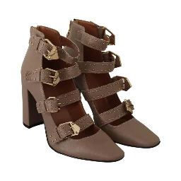 Brown Leather Block Heels Multi Buckle Pumps Shoes