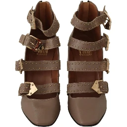 Brown Leather Block Heels Multi Buckle Pumps Shoes