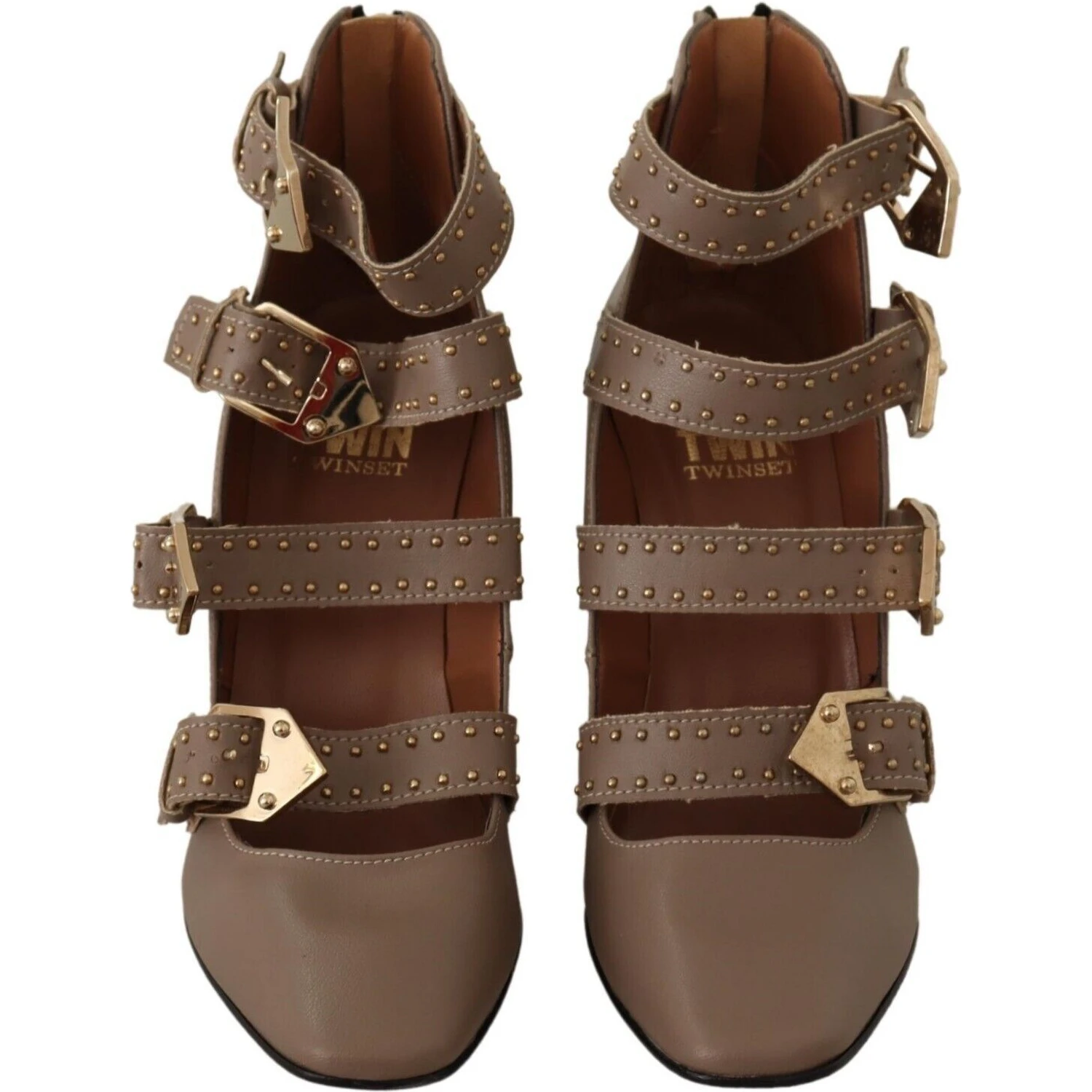 Brown Leather Block Heels Multi Buckle Pumps Shoes