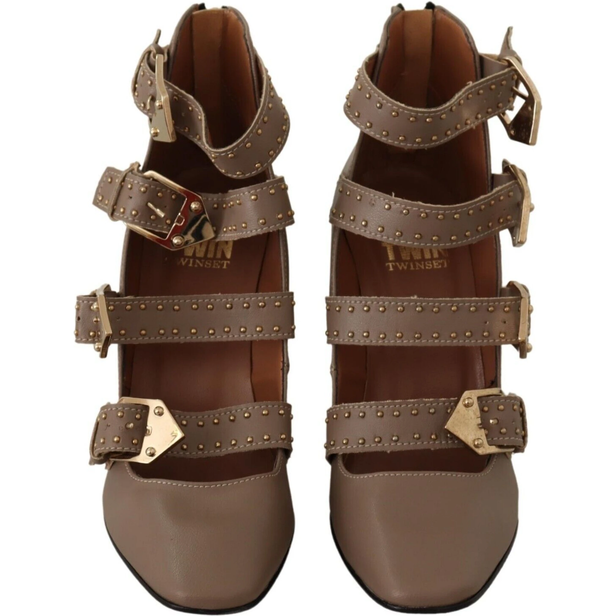 Brown Leather Block Heels Multi Buckle Pumps Shoes