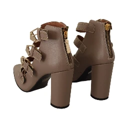 Brown Leather Block Heels Multi Buckle Pumps Shoes