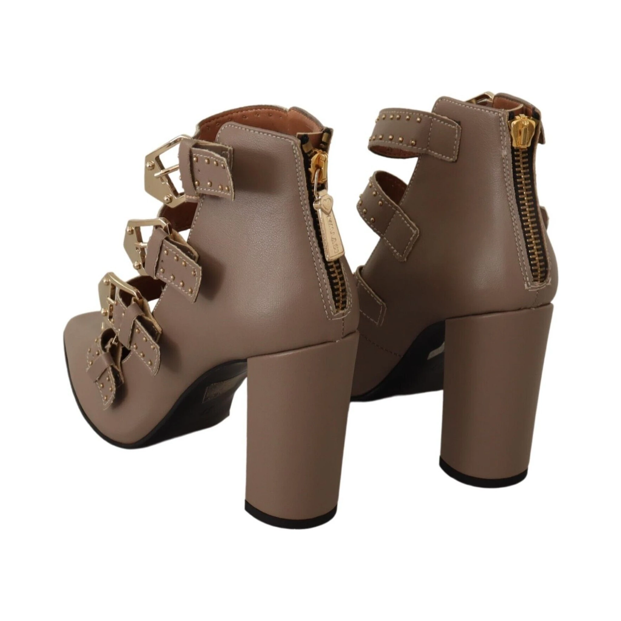 Brown Leather Block Heels Multi Buckle Pumps Shoes