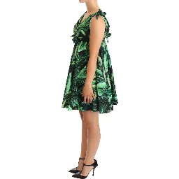 Green Leaves Print Cotton Flared Mini Dress