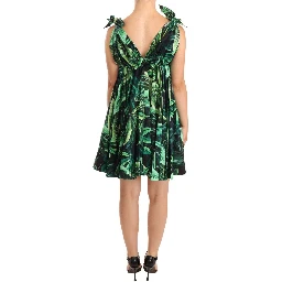 Green Leaves Print Cotton Flared Mini Dress