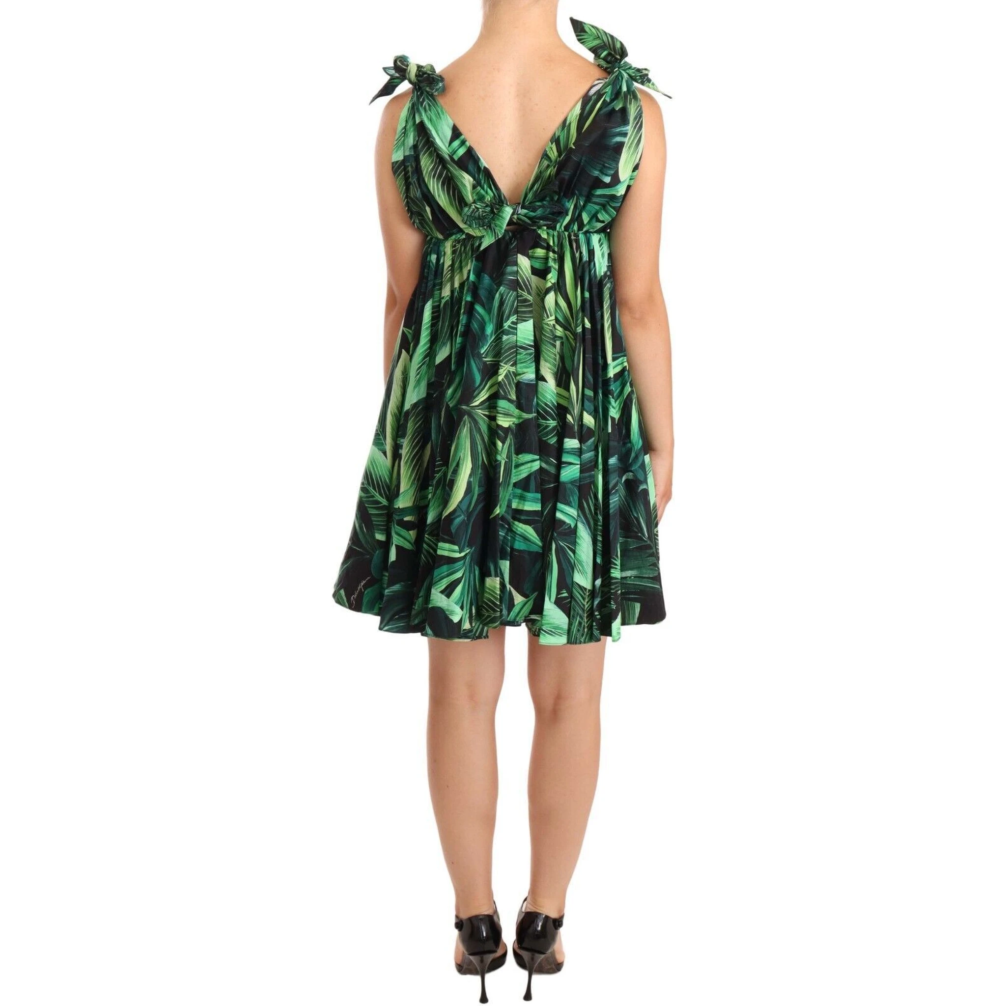Green Leaves Print Cotton Flared Mini Dress