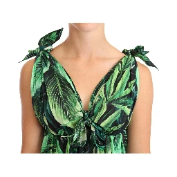 Green Leaves Print Cotton Flared Mini Dress