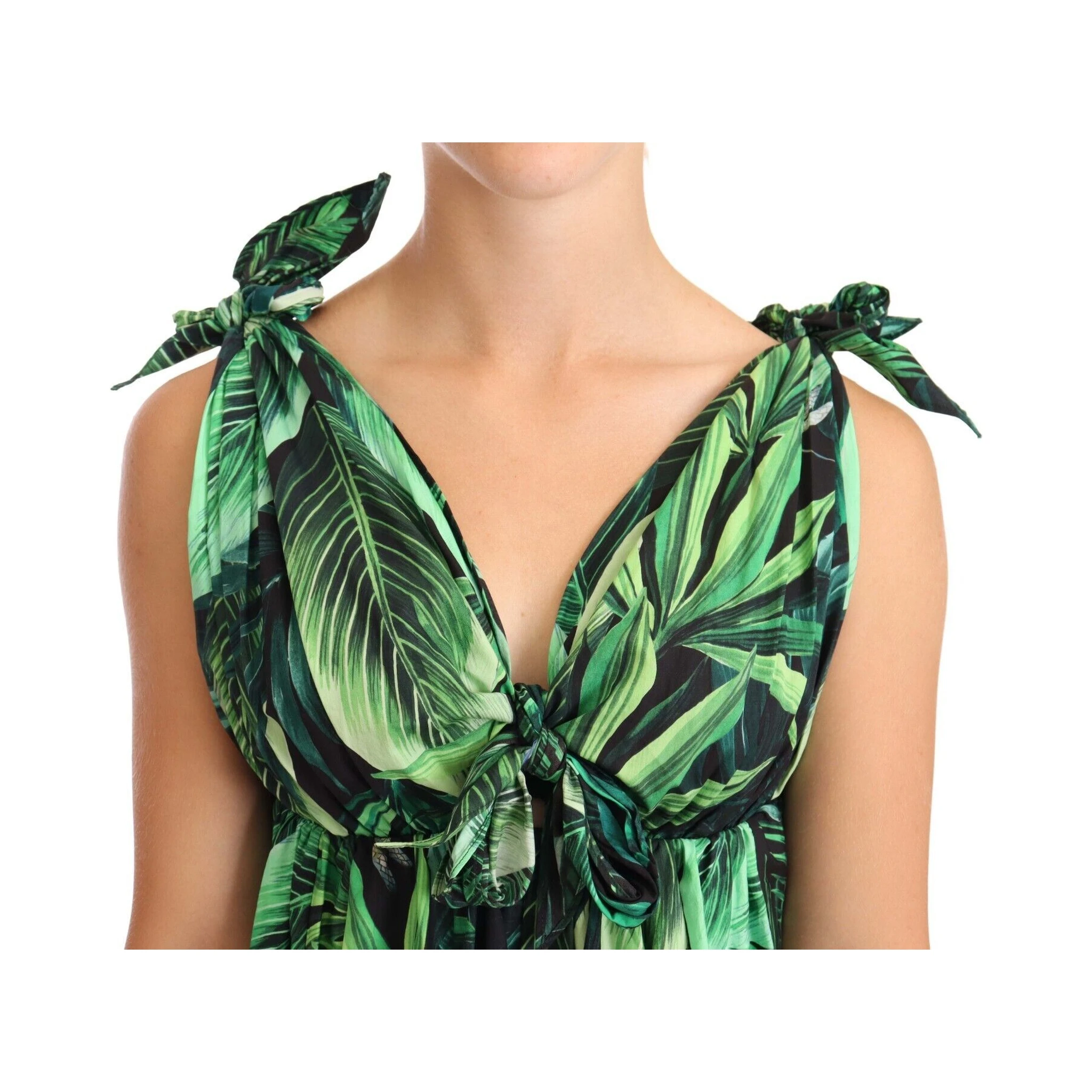 Green Leaves Print Cotton Flared Mini Dress