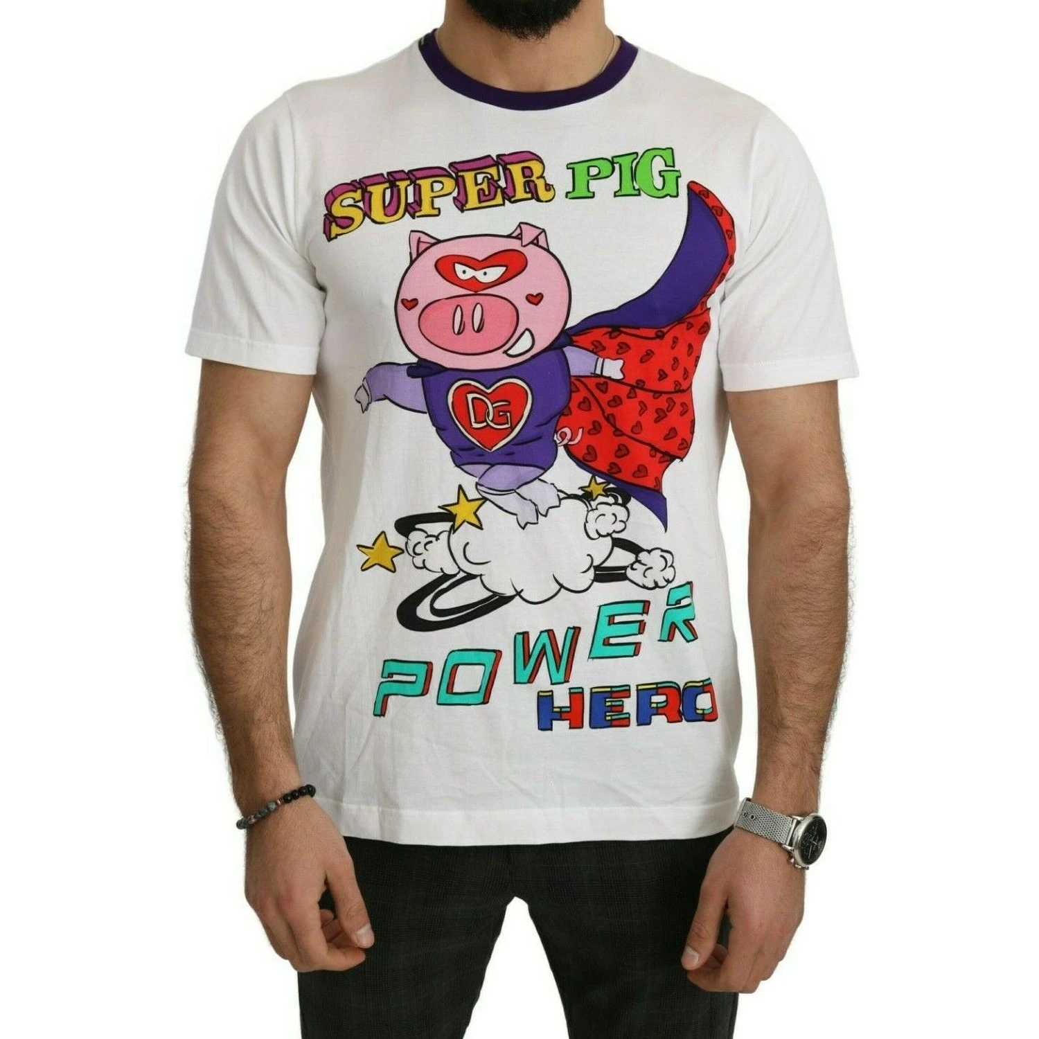 White Cotton Top Super Power Pig T-shirt