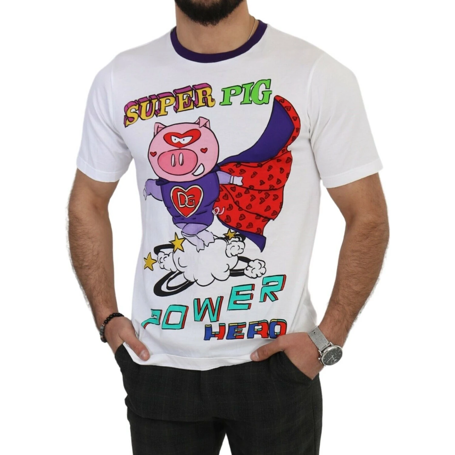White Cotton Top Super Power Pig T-shirt