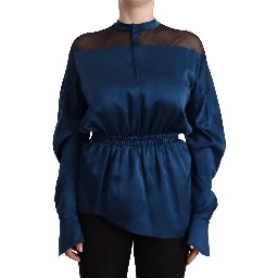 Blue Silk Long Sleeves Elastic Waist Top Blouse