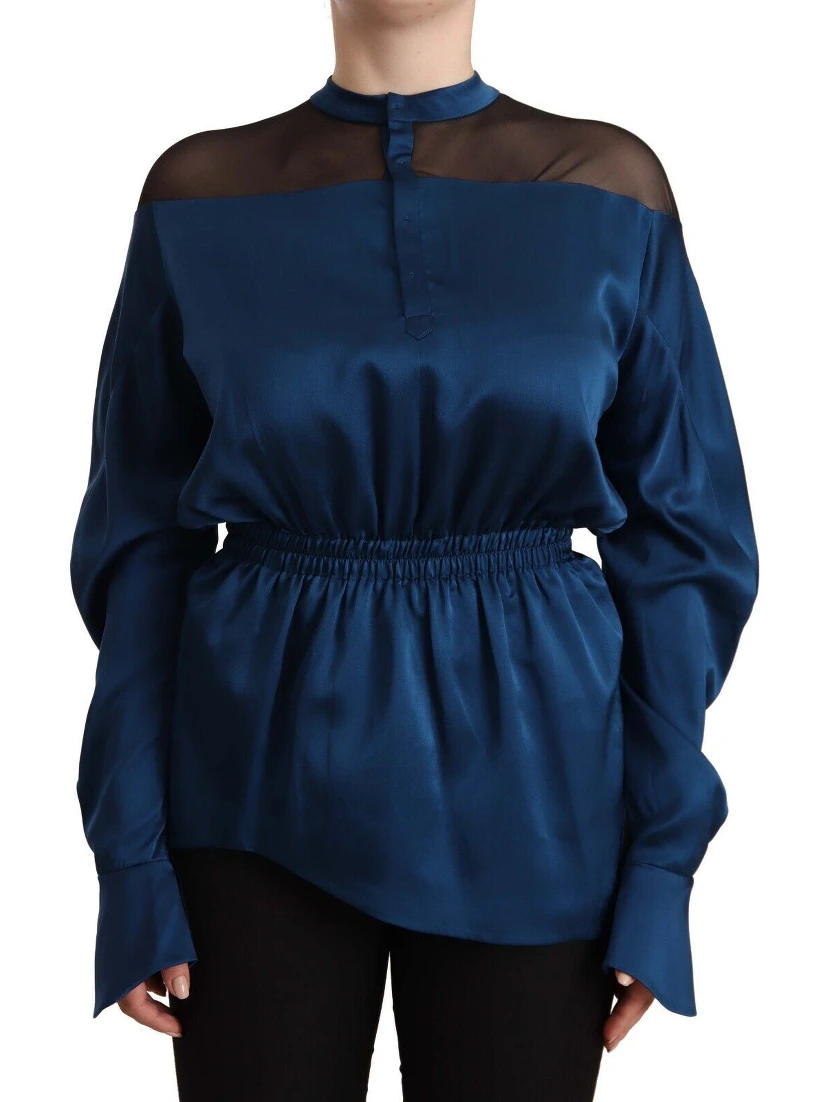 Blue Silk Long Sleeves Elastic Waist Top Blouse