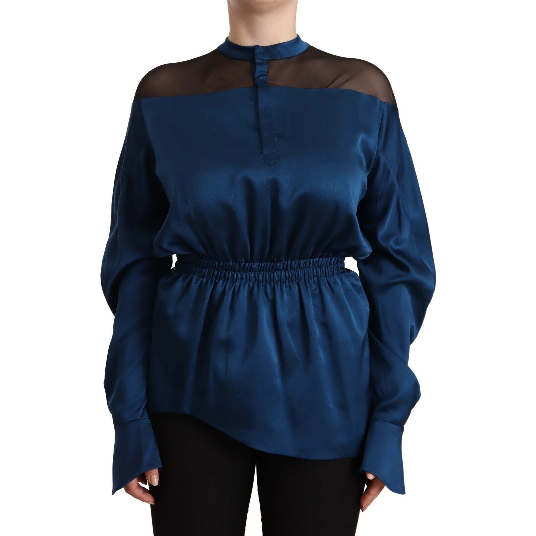 Blue Silk Long Sleeves Elastic Waist Top Blouse
