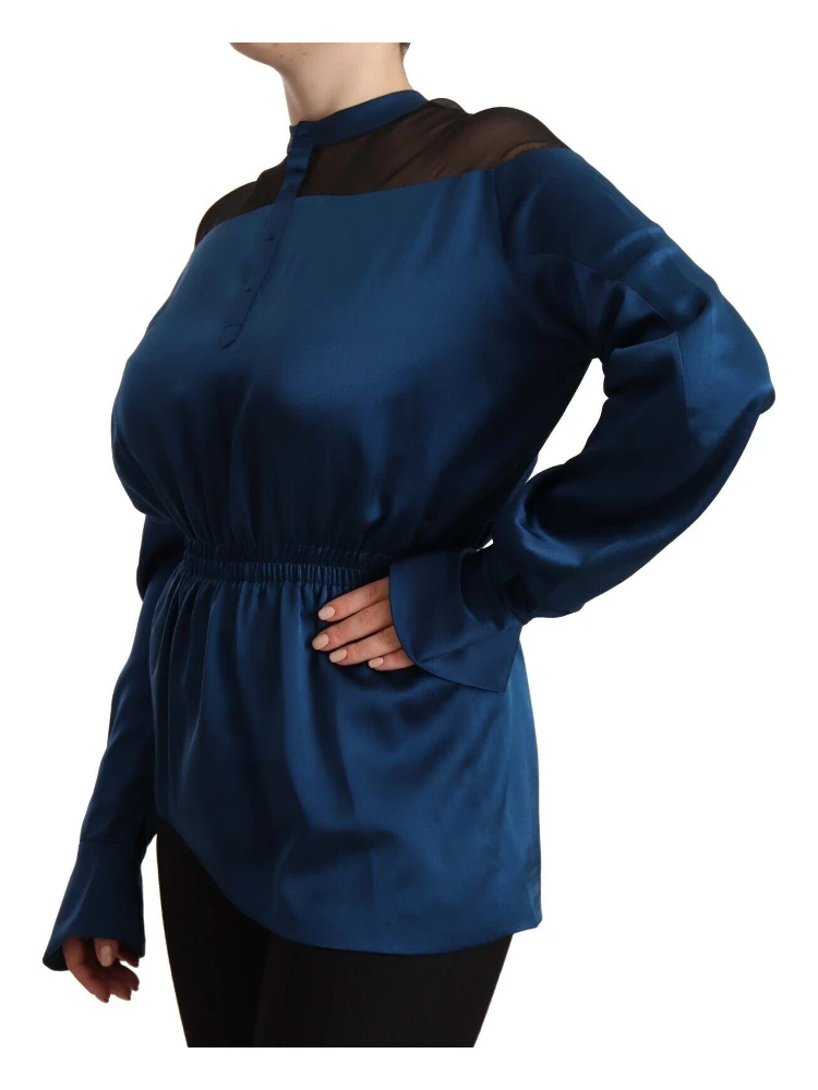 Blue Silk Long Sleeves Elastic Waist Top Blouse alternative