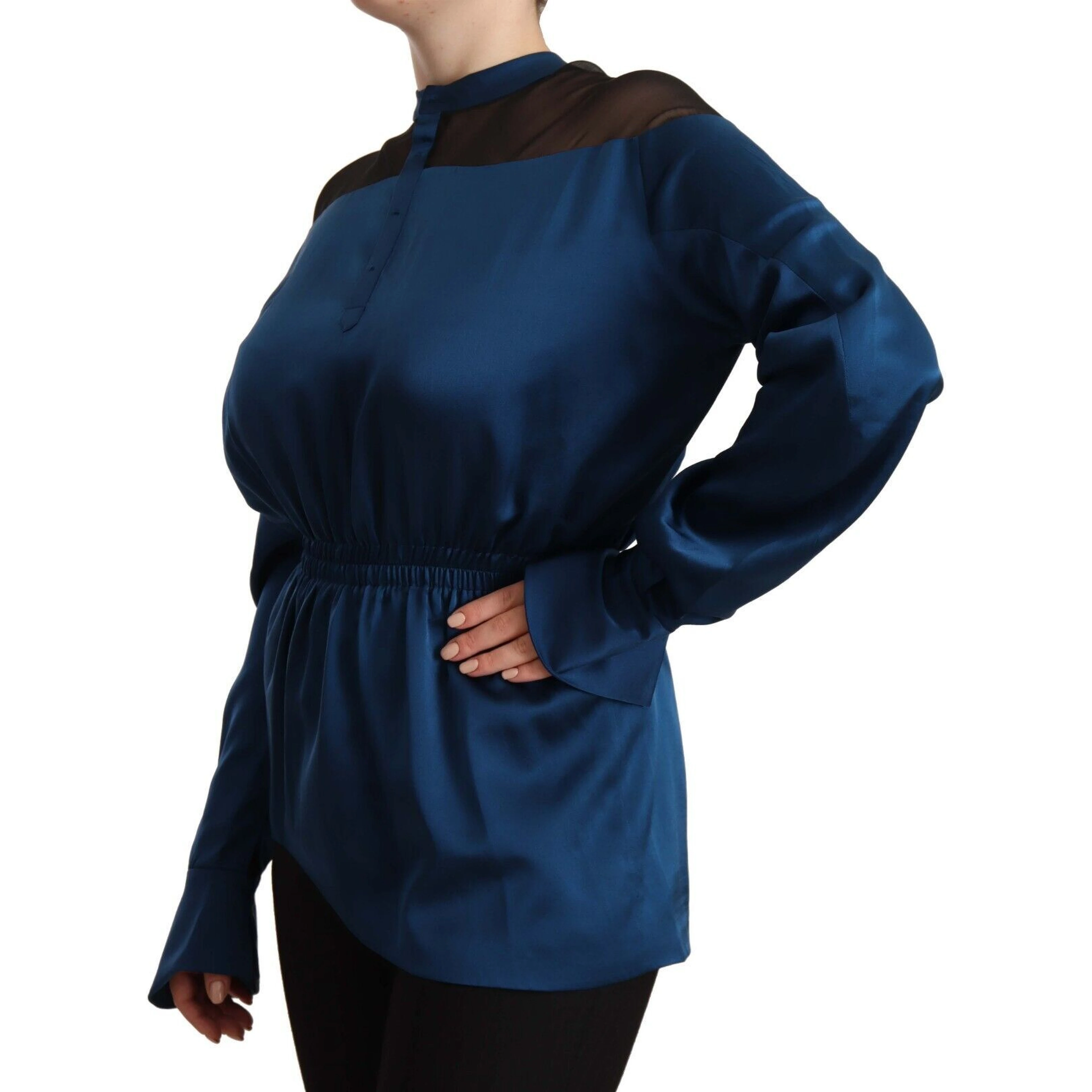 Blue Silk Long Sleeves Elastic Waist Top Blouse