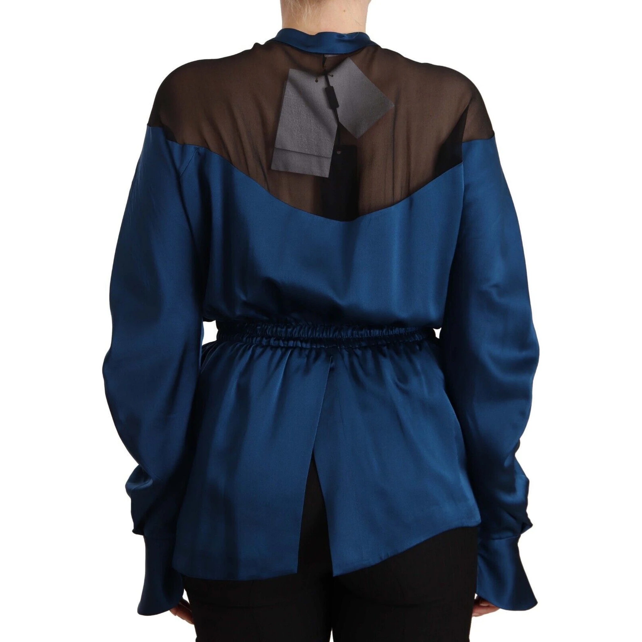 Blue Silk Long Sleeves Elastic Waist Top Blouse