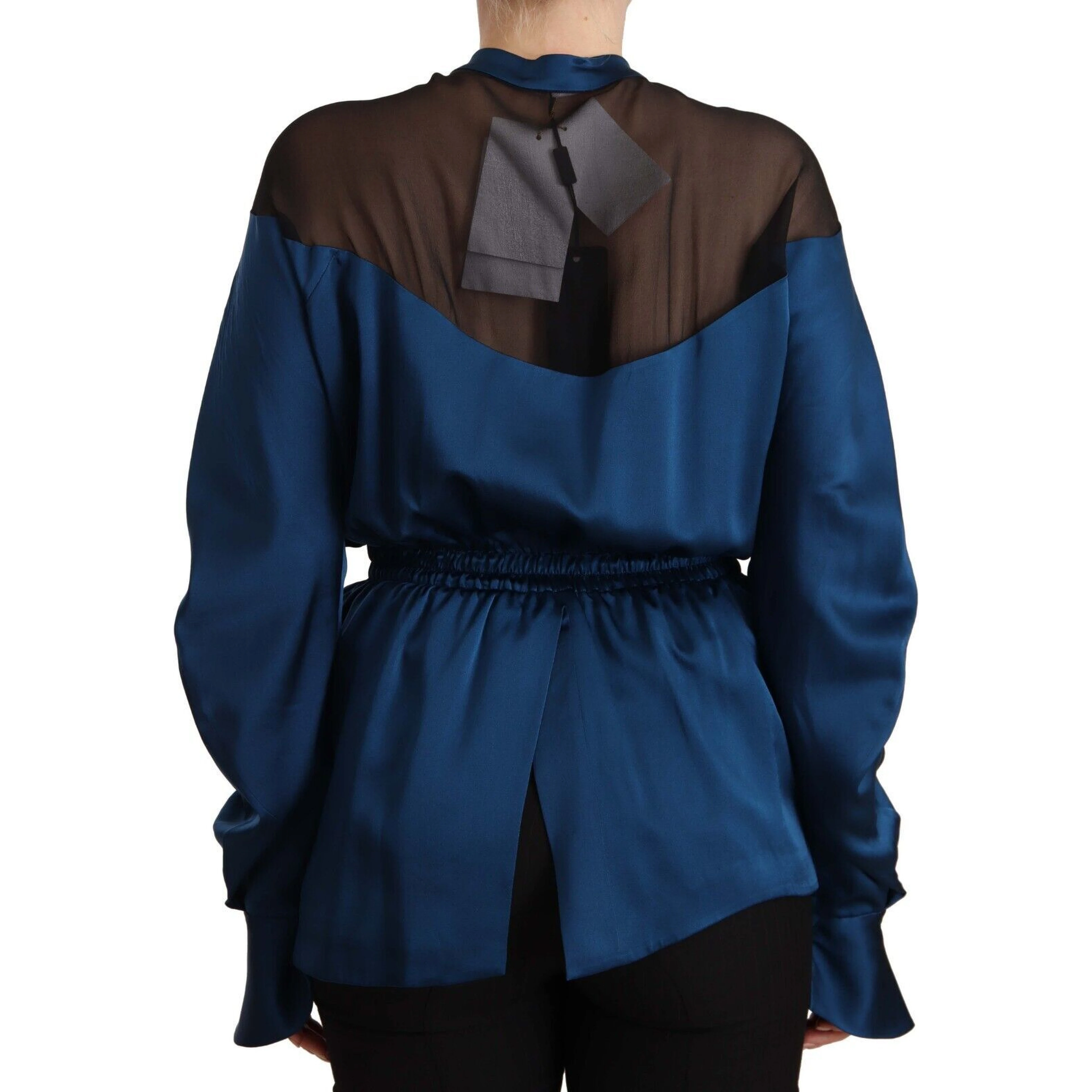 Blue Silk Long Sleeves Elastic Waist Top Blouse
