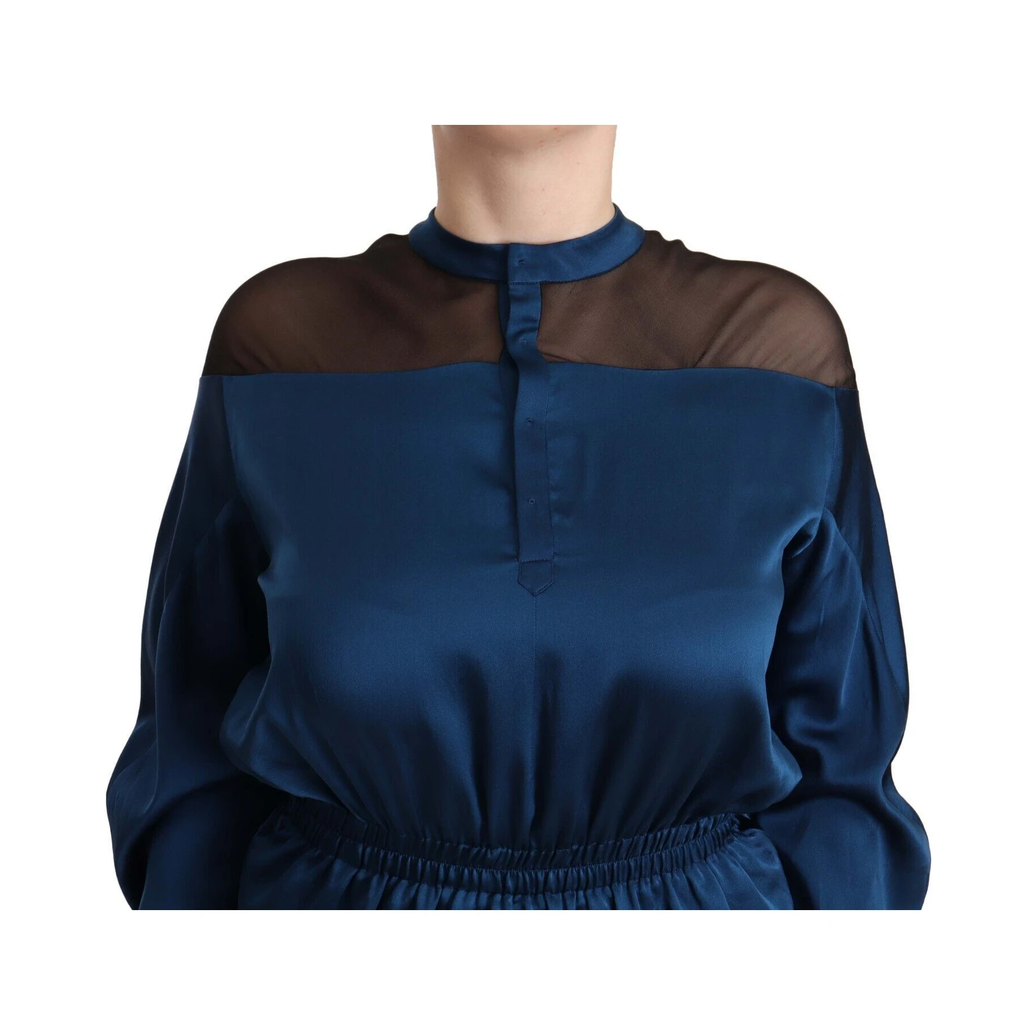 Blue Silk Long Sleeves Elastic Waist Top Blouse