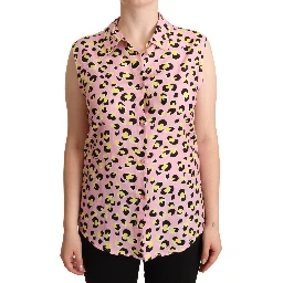 Pink Leopard Print Sleeveless Collared Polo Top