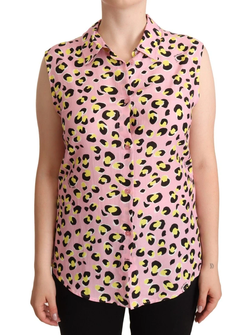 Pink Leopard Print Sleeveless Collared Polo Top