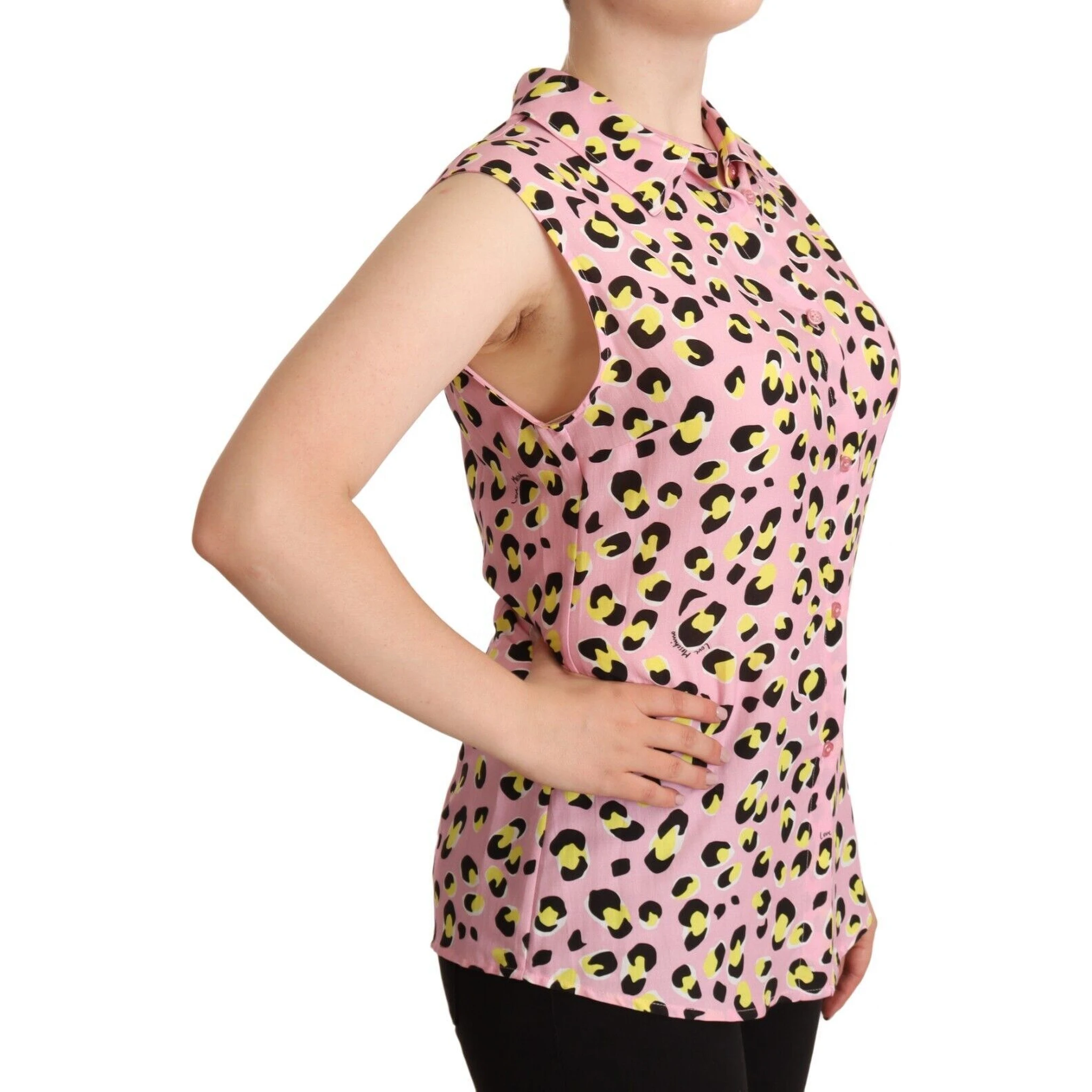 Pink Leopard Print Sleeveless Collared Polo Top