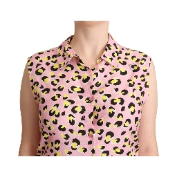 Pink Leopard Print Sleeveless Collared Polo Top