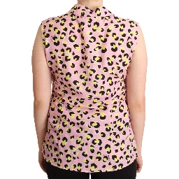 Pink Leopard Print Sleeveless Collared Polo Top