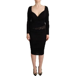 Black Long Sleeves Sweetheart Neck Midi Dress