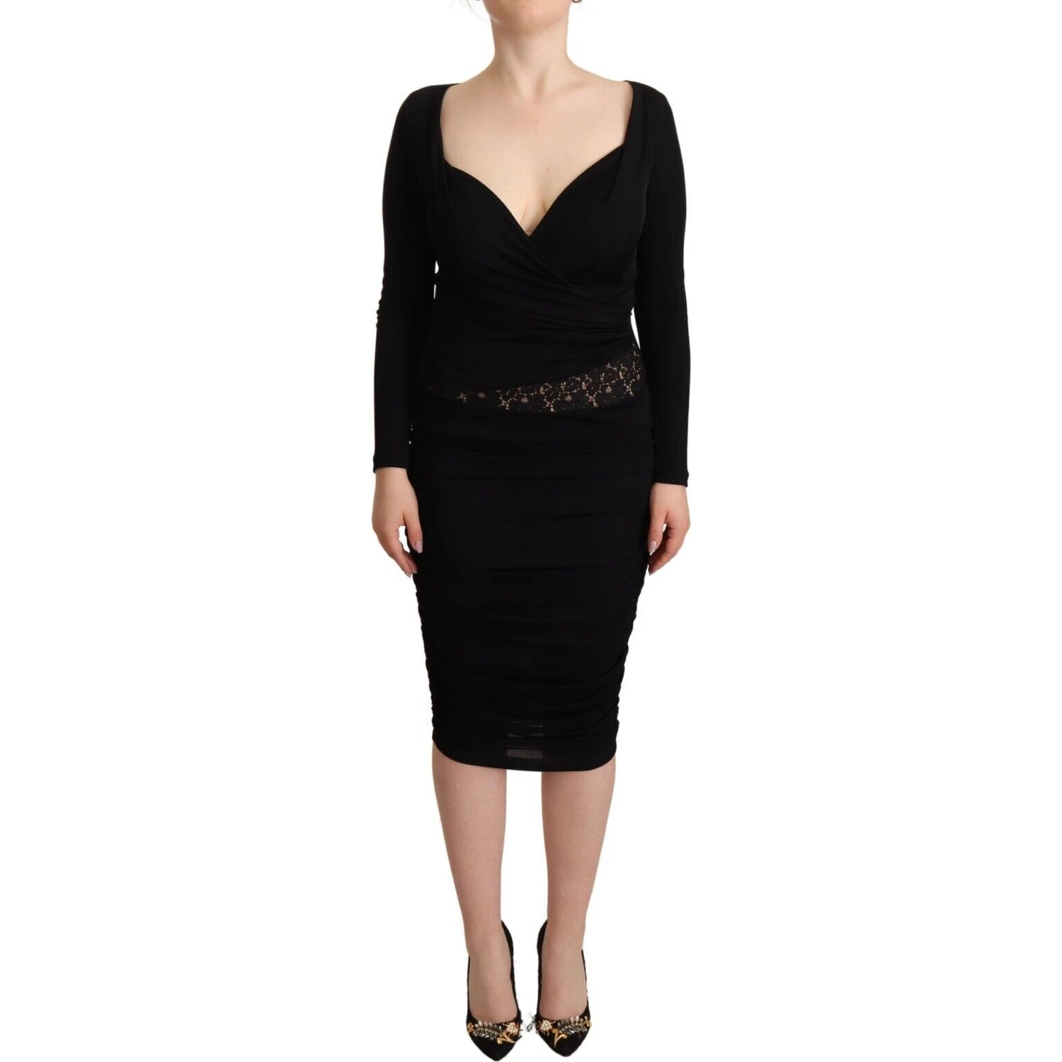 Black Long Sleeves Sweetheart Neck Midi Dress