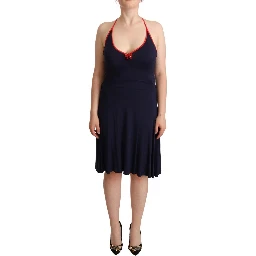 Navy Blue Sleeveless Halter Sheath Midi Dress