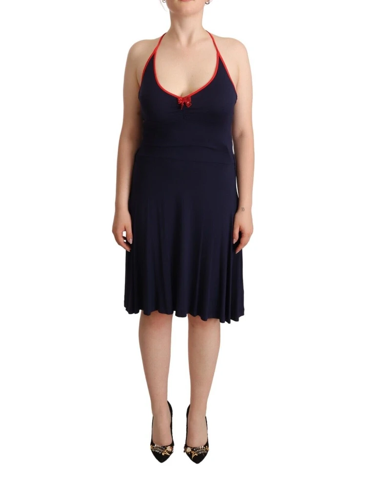 Navy Blue Sleeveless Halter Sheath Midi Dress