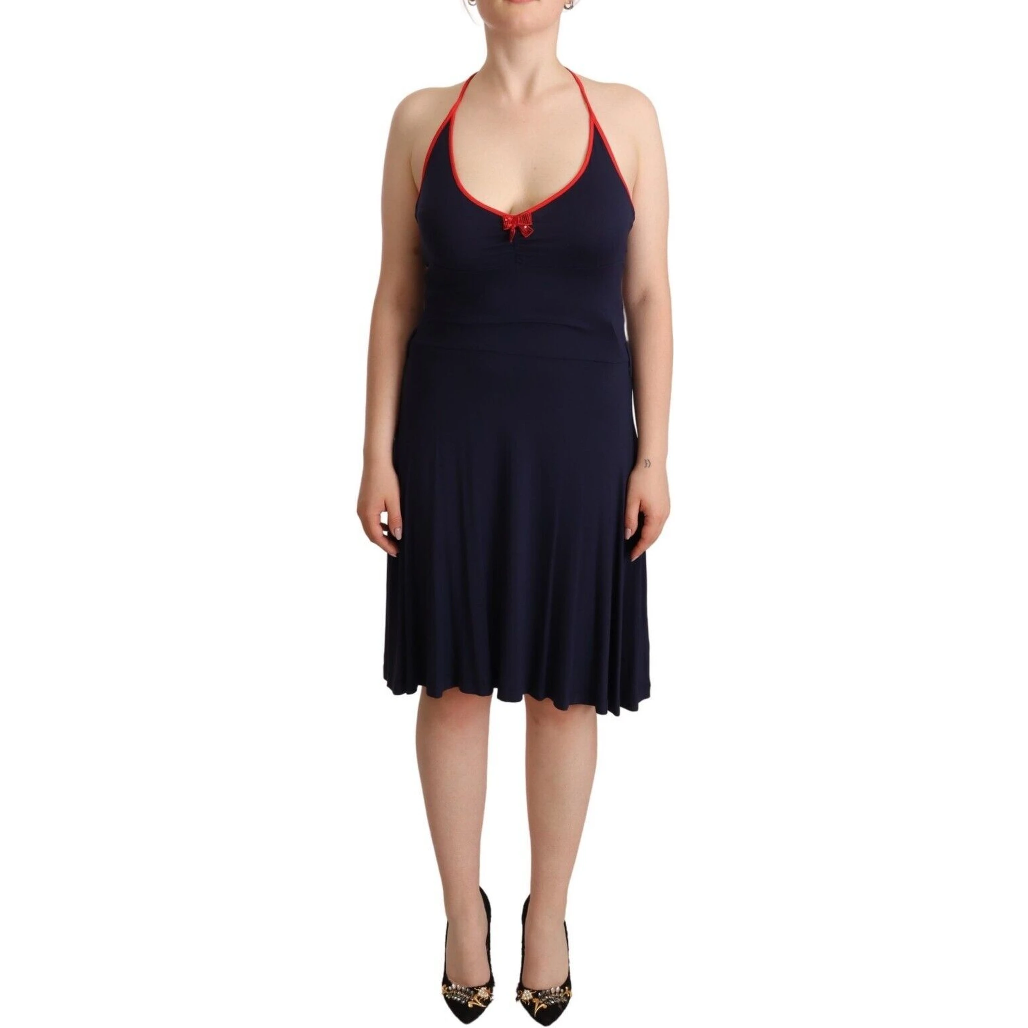 Navy Blue Sleeveless Halter Sheath Midi Dress