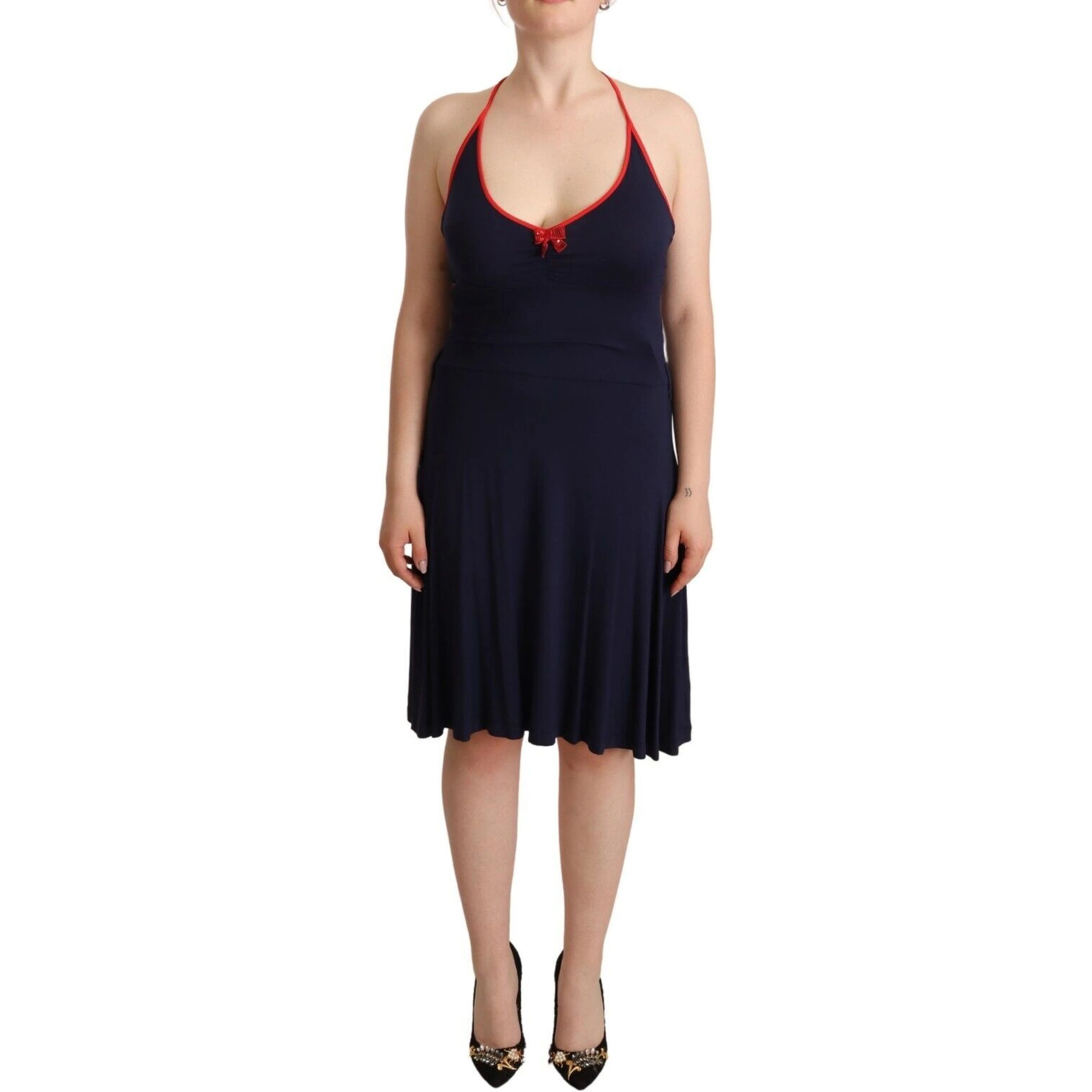 Navy Blue Sleeveless Halter Sheath Midi Dress