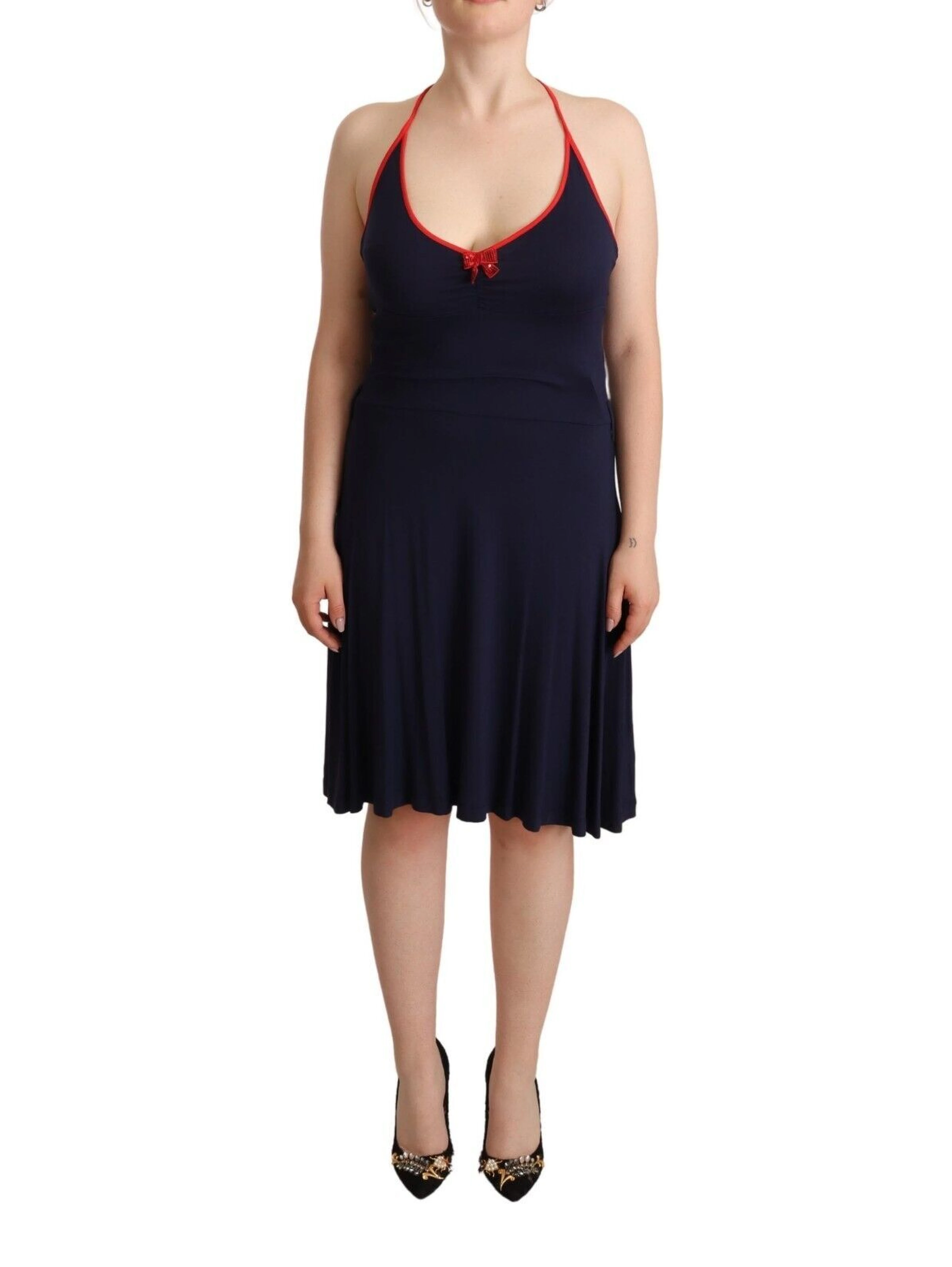 Navy Blue Sleeveless Halter Sheath Midi Dress