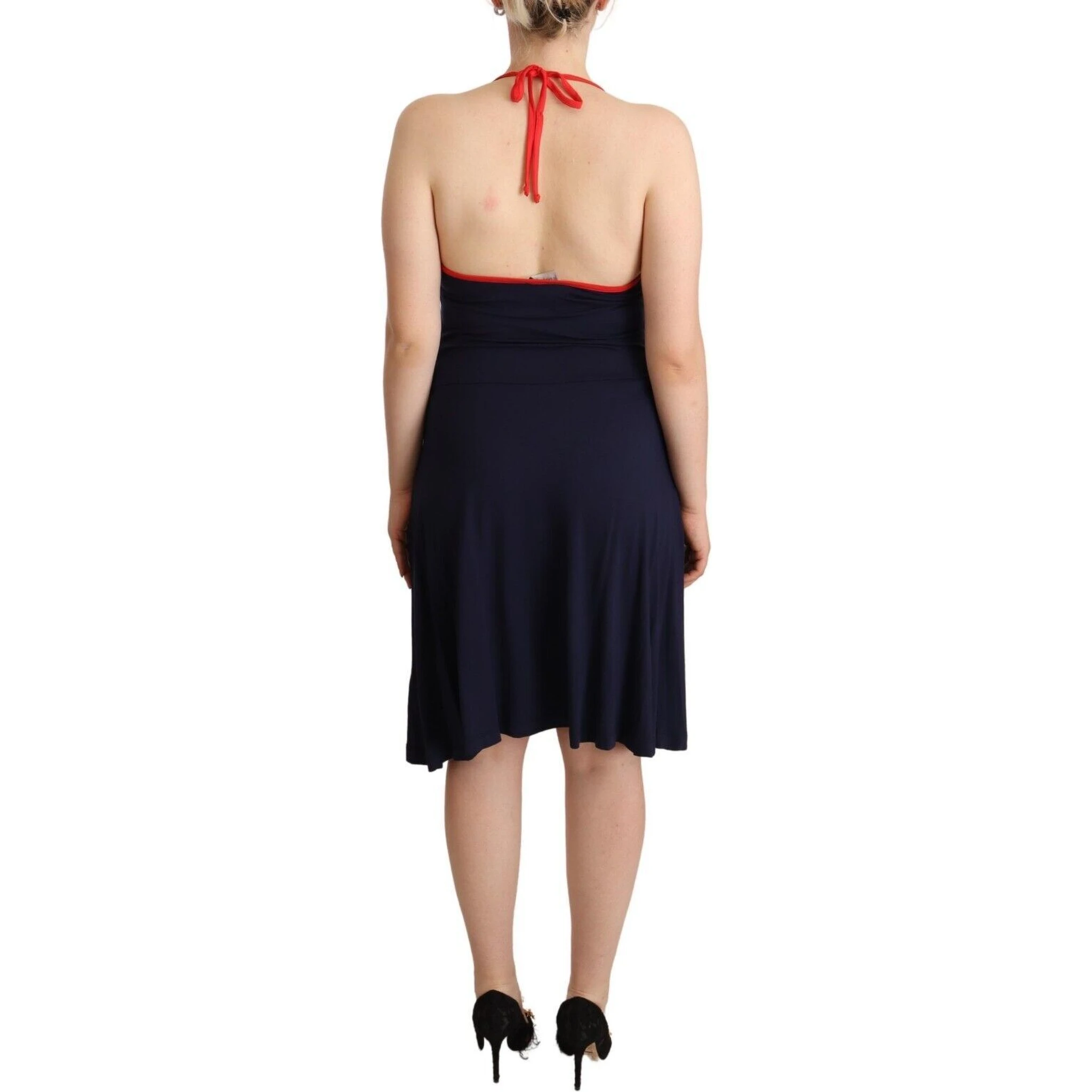 Navy Blue Sleeveless Halter Sheath Midi Dress