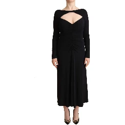 Black Nylon Stretch Long Sleeves Deep V-neck Maxi Dress