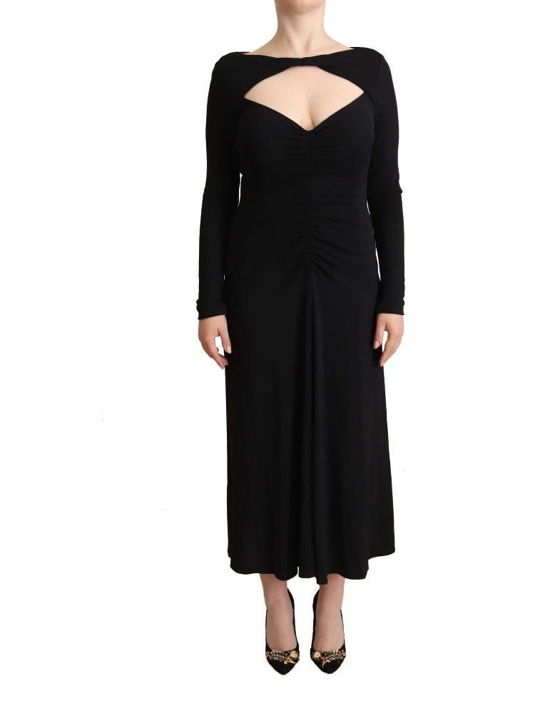 Black Nylon Stretch Long Sleeves Deep V-neck Maxi Dress