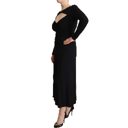 Black Nylon Stretch Long Sleeves Deep V-neck Maxi Dress