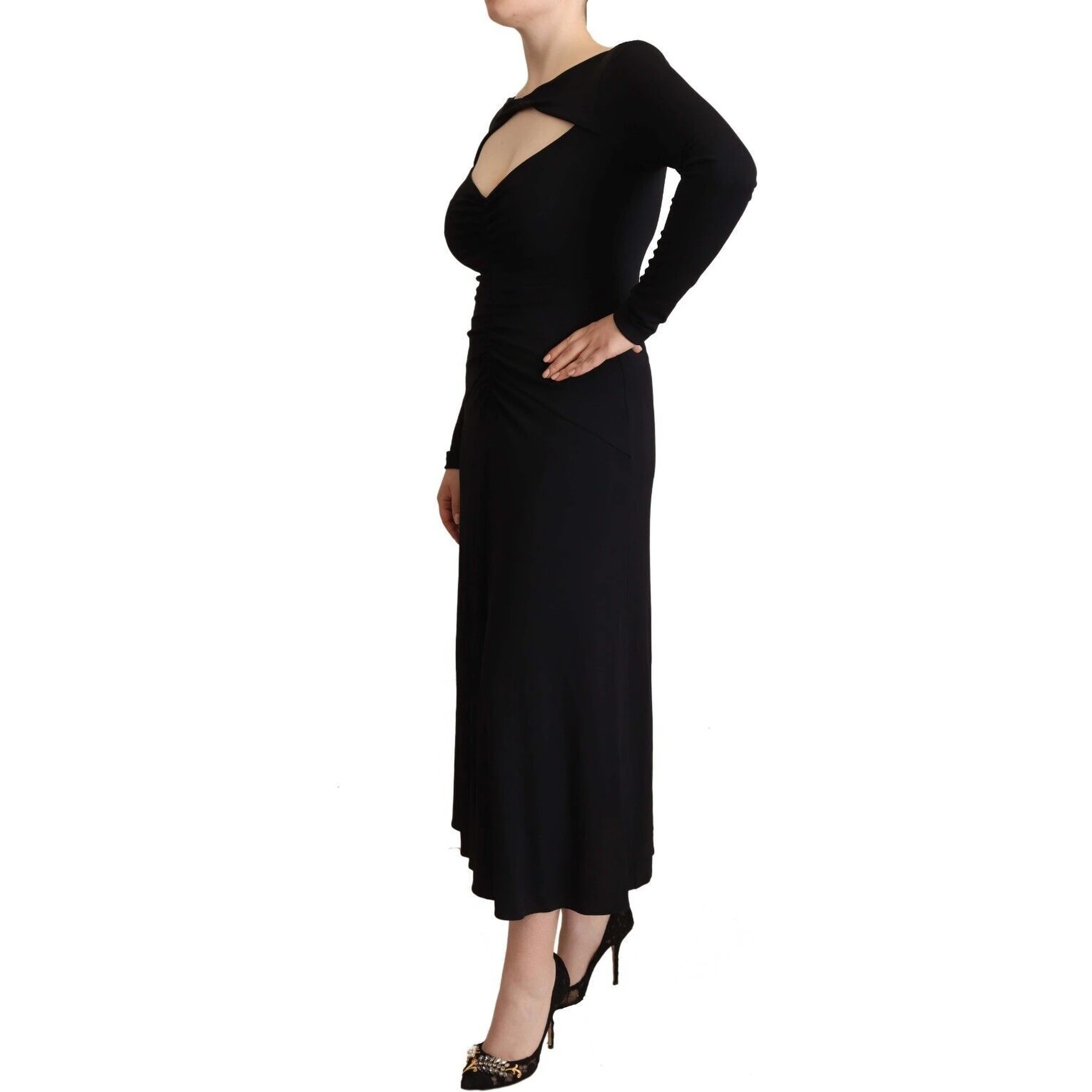 Black Nylon Stretch Long Sleeves Deep V-neck Maxi Dress