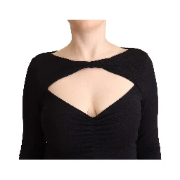 Black Nylon Stretch Long Sleeves Deep V-neck Maxi Dress