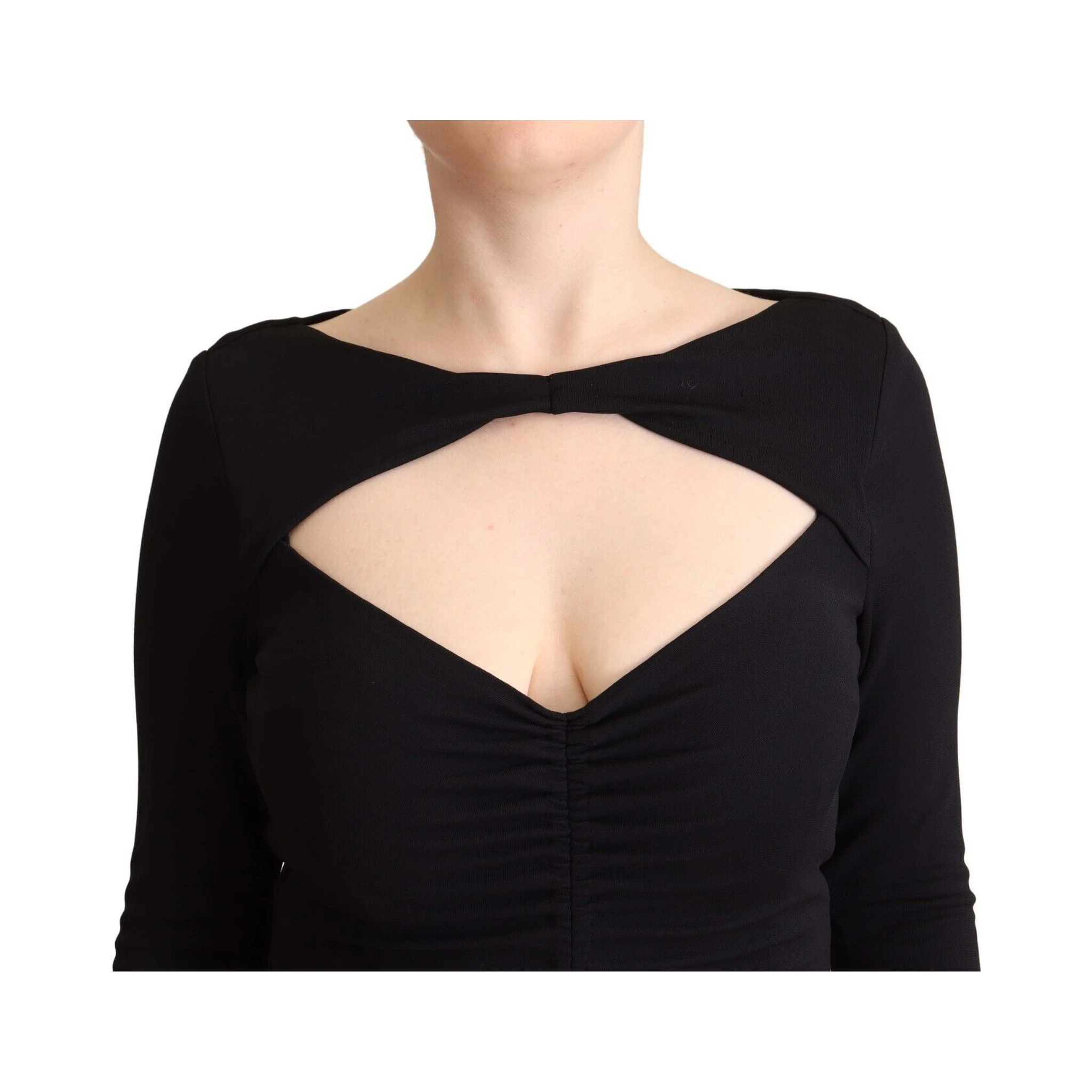 Black Nylon Stretch Long Sleeves Deep V-neck Maxi Dress